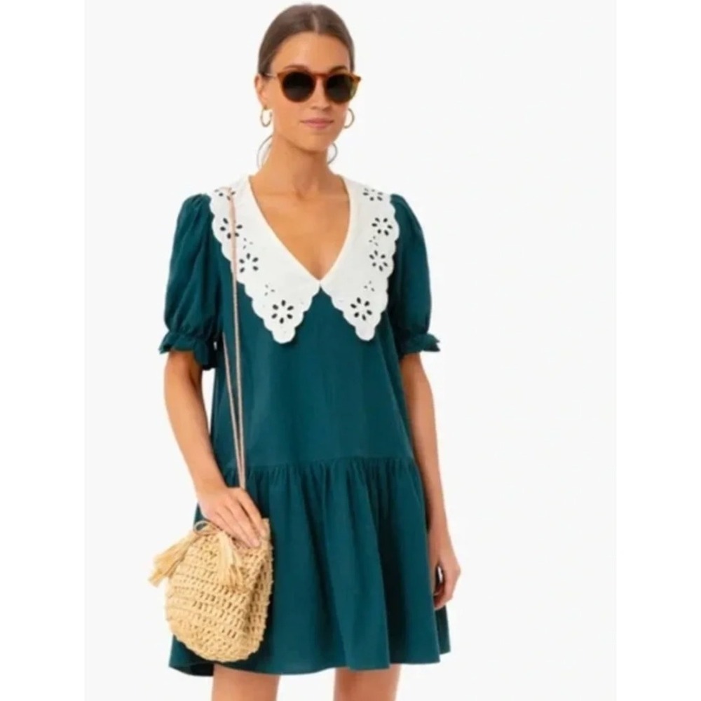 Pomander Place Peacock Green Peter Pan Collar Cotton Mini Dress Eyelet NWOT XS